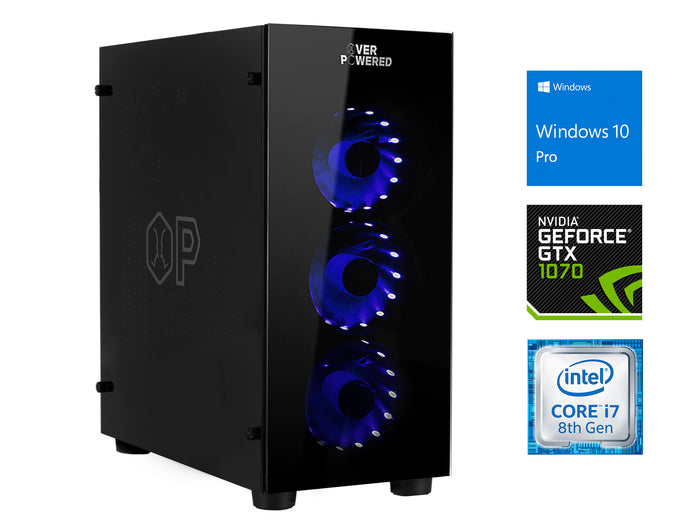 Overpowered Gaming DTW1 Desktop, Intel Core i7-8700 Upto 4.6GHz, 8GB RAM, 128GB SSD, NVIDIA GeForce GTX 1070, HDMI, DisplayPort, DVI, Wi-Fi, Windows 10 Pro